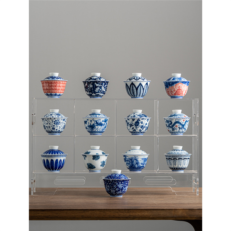 Tượng Phật Đôn Hoàng Phong cảnh Sứ trắng xanh dưới men màu Bộ trà Kung Fu Gốm sứ cổ điển Trà ba tài năng Bát trà