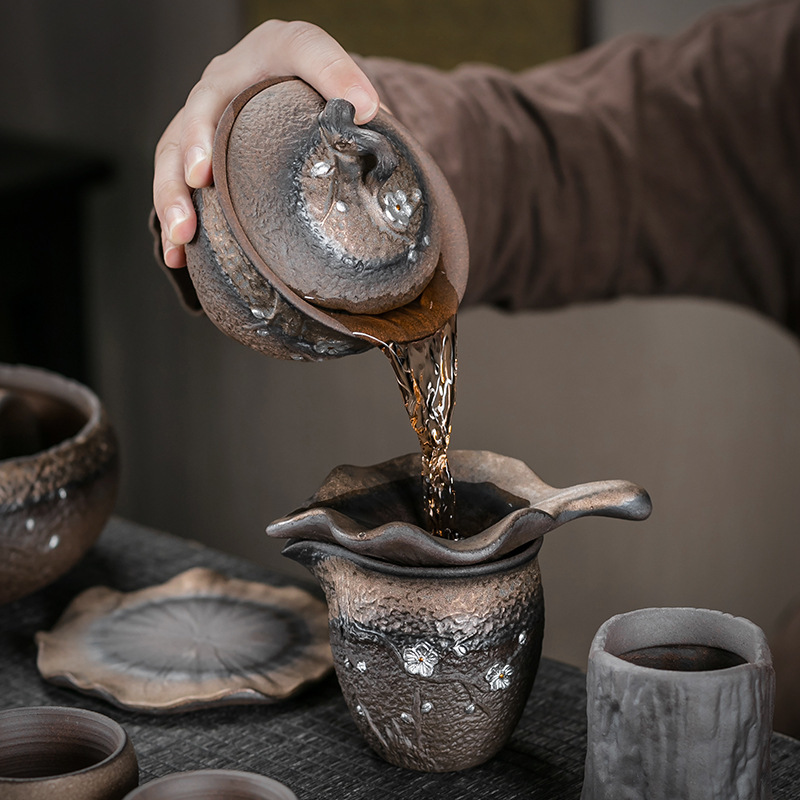 Bộ trà gốm thô mạ vàng kiểu Nhật Bộ trà Kung Fu nguyên bộ gốm sứ gia dụng văn phòng đơn giản có nắp ấm chén