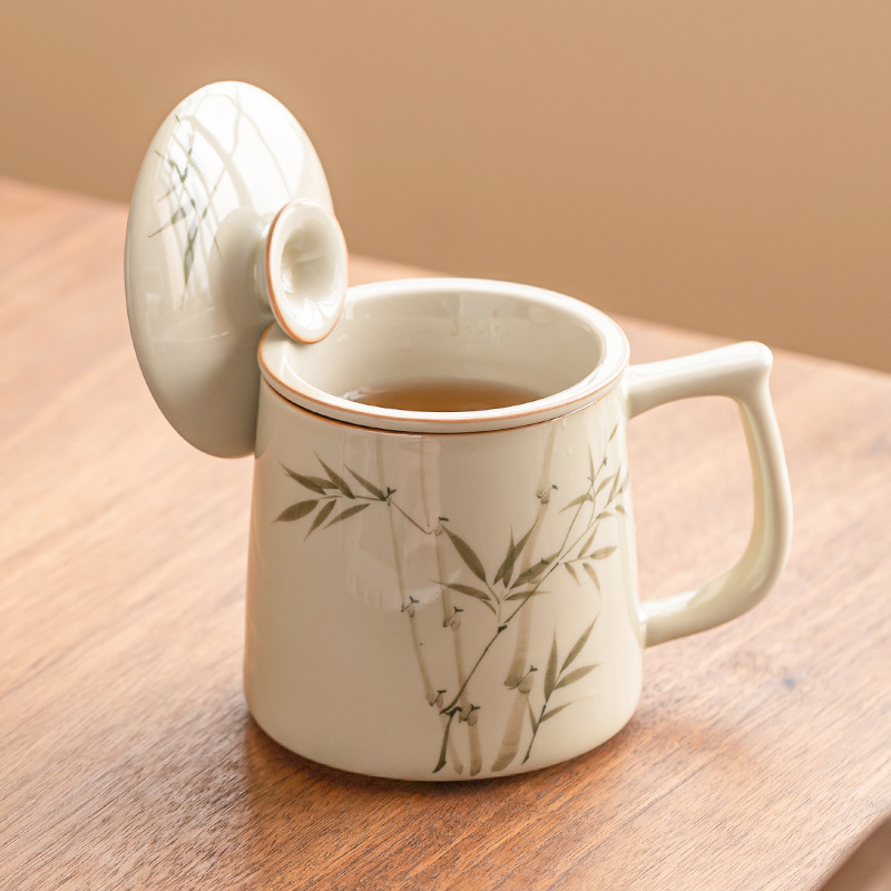 Cốc văn phòng bằng tre xanh ngọc bích vẽ tay cốc trà cốc nước gốm sứ cốc tinh tế cao cấp cốc lọc trà có nắp