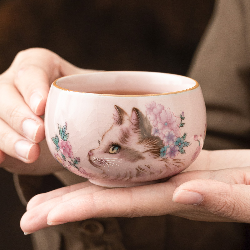 Cốc thiền mèo hoa lò Jisu Cốc trà gốm sứ có thể mở được Cốc trà gia dụng Cốc trà đơn Cốc trà cá nhân