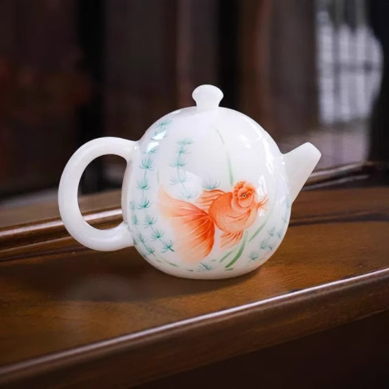 Bộ ấm trà nhỏ cá vàng vẽ tay sứ ngọc bích cao cấp, bộ ấm trà Kung Fu, ấm đơn, sứ trắng Dehua men màu