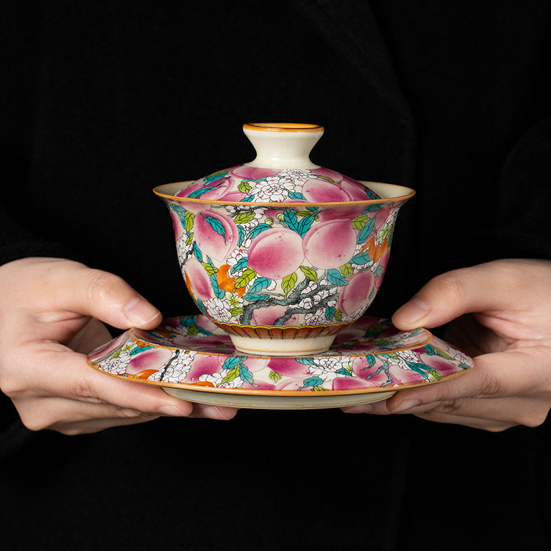 Gốm cao cấp Lò gốm sứ Cao cấp Vạn Đào Đại tướng tam tài cốc trà bát pha trà tinh xảo gia dụng không nóng tay