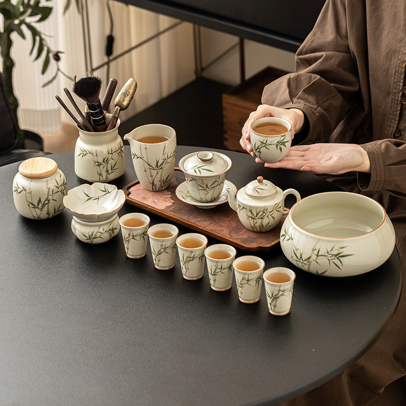 Bộ ấm trà bằng tre xanh ngọc bích vẽ tay bộ ấm trà Kung Fu gốm sứ cao cấp sang trọng nhẹ gia dụng