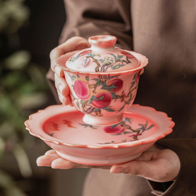 Bát có nắp chín đào màu hồng, cốc trà gốm sứ, bát trà đơn có nắp cao cấp cổ điển kiểu Trung Quốc cỡ lớn phục vụ khách gia đình