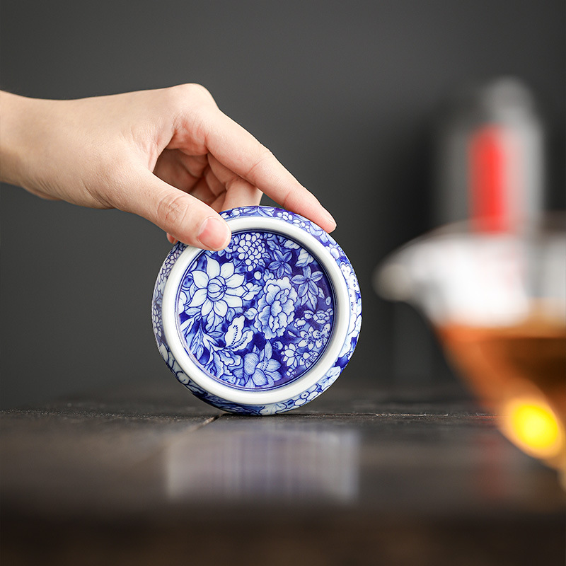 Bộ ấm trà sứ trắng xanh có nắp hoa, giá đỡ bình gốm cổ, giá đỡ nắp tròn, đế lót ly trà, bộ ấm trà, phụ kiện trà đạo