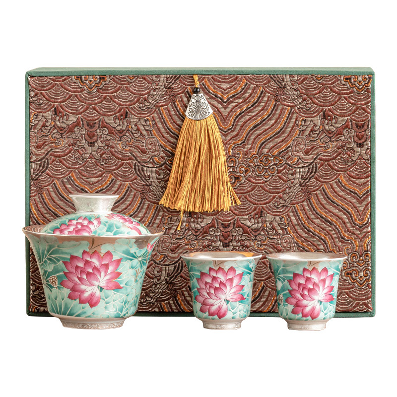 Bộ ấm chén trà Kung Fu gốm sứ cao cấp mạ vàng 999, họa tiết ao sen ánh trăng, 1 chén 2 tách, quà tặng