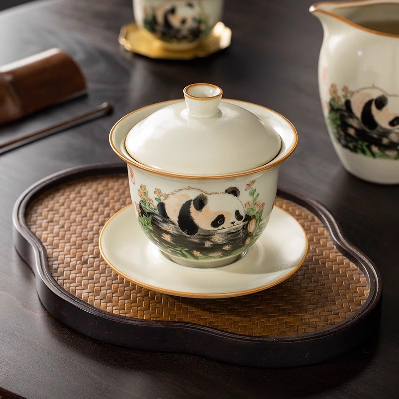 Bộ trà bát có nắp 3 tài gốm sứ Ru Kiln Panda Bộ trà Kung Fu một ấm sáu chén cao cấp cho phòng khách gia dụng