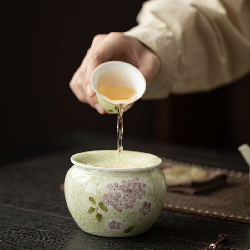 Hoa cẩm tú cầu vẽ tay hộp quà Jianshui gốm sứ gia dụng thùng đựng bã trà thùng đựng nước rửa trà kiểu Trung Quốc phụ kiện trà đạo