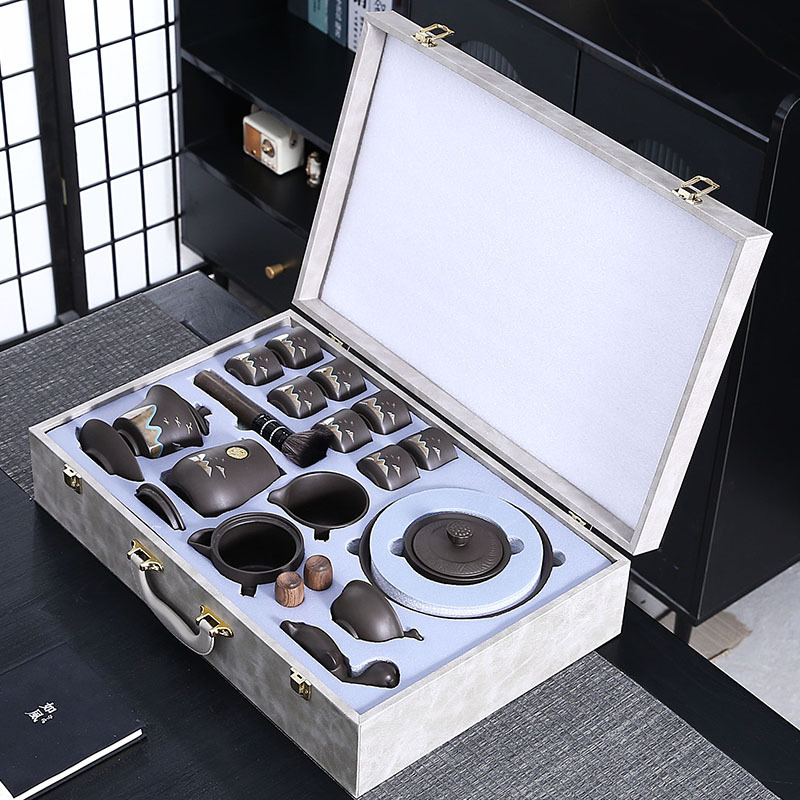 Bộ ấm trà kungfu cát tím cao cấp nguyên khoáng sản ấm trà núi xa đơn giản phòng khách văn phòng gia dụng hộp quà