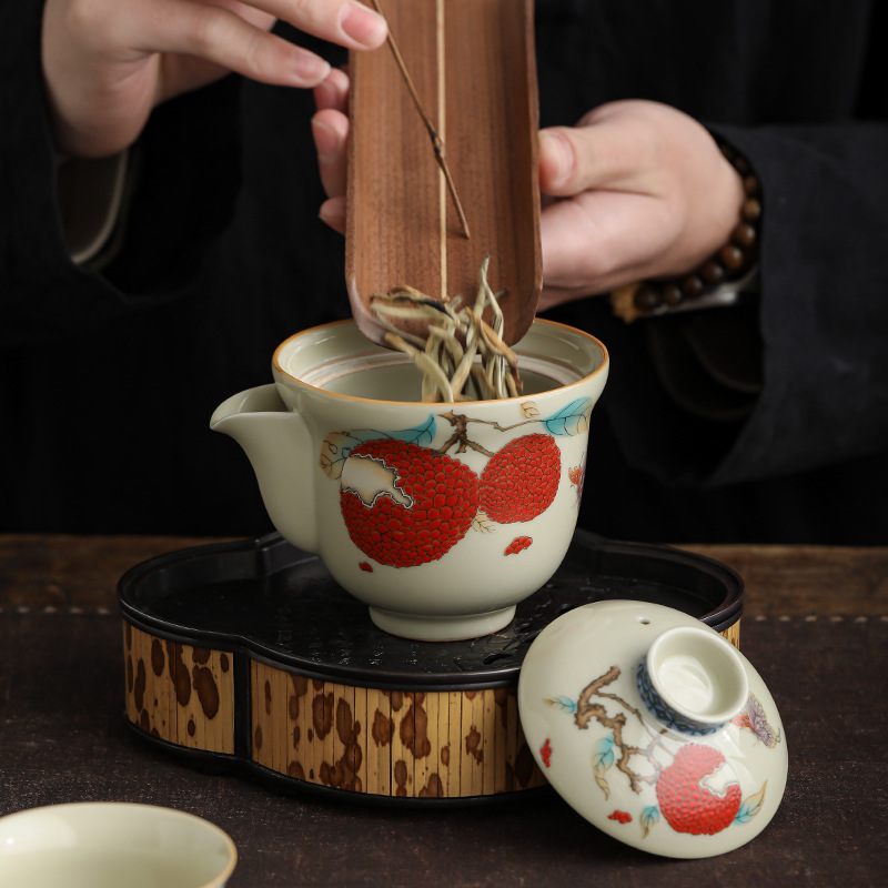 Bình cầm tay vải thiều để pha trà, bát có nắp, cốc trà, bát trà cao cấp đơn, bộ trà Kung Fu, ấm trà nữ uống một người, gia dụng