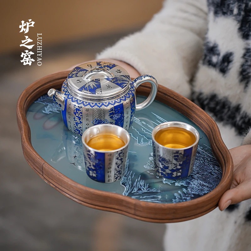 Bộ trà Kung Fu mạ bạc Song Yu, tách trà bạc cloisonné, một ấm hai cốc, bộ trà cao cấp quà tặng lễ hội, hộp quà