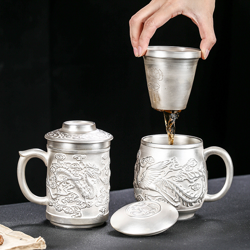 Cốc nước rồng phượng bạc thủ công cao cấp có nắp lọc trà tách sứ mạ bạc cá nhân trà văn phòng gia dụng