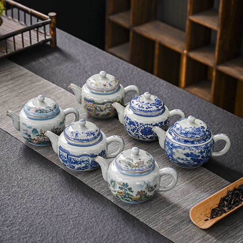 Ấm trà sứ trắng xanh Jingdezhen Qianli giang sơn bộ trà Kung Fu dụng cụ pha trà đơn gốm sứ gia dụng retro ấm đơn