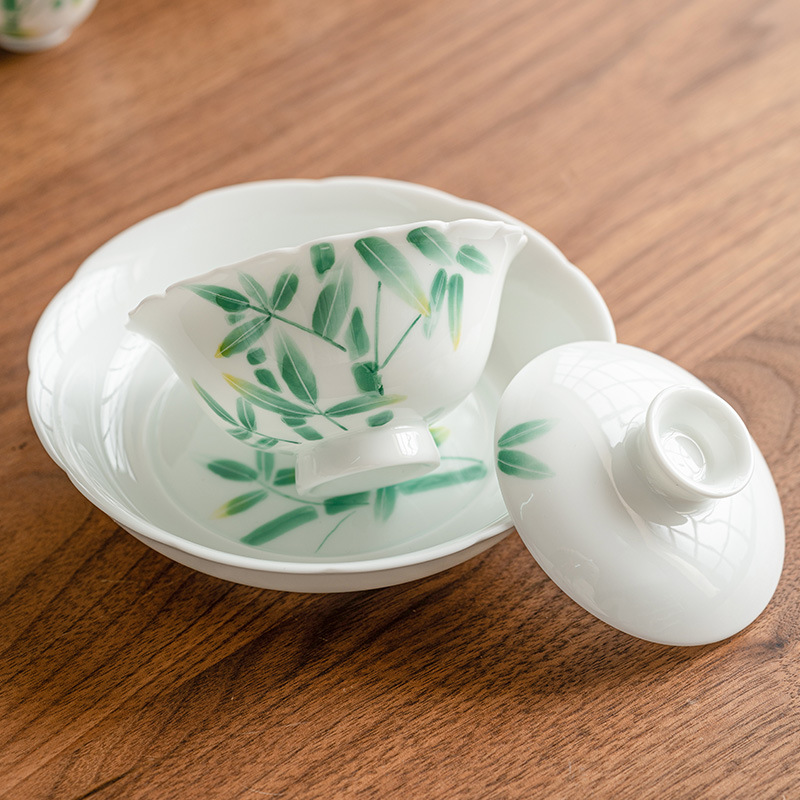 Bát trà có nắp sứ trắng Dehua chén trà vẽ tay có nắp bát pha trà Kung Fu chịu nhiệt gia dụng