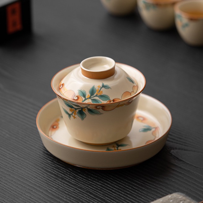 Cốc trà cốc trà có nắp đậy ba tài ở lò Ru màu be, bộ trà Kung Fu gốm sứ cao cấp có thể nuôi nổi, bát pha trà chống bỏng