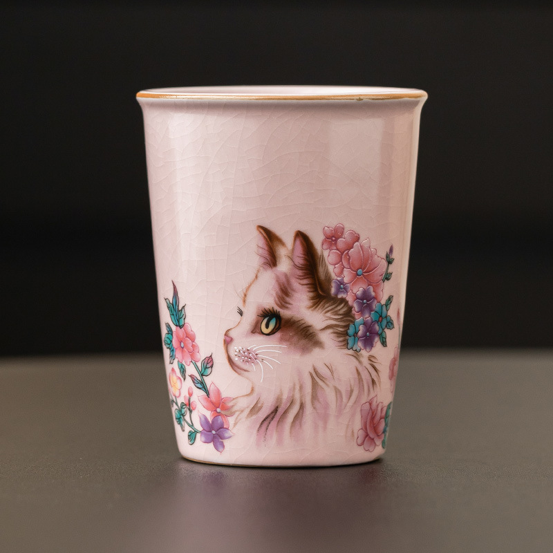 Cốc coca mèo hoa lò Jisu Ru cốc gốm sứ có thể mở được cốc trà miệng thẳng cốc nước văn phòng dung tích lớn