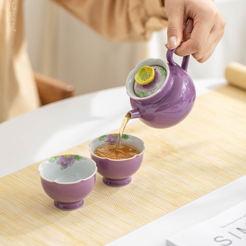 Bộ ấm trà Kung Fu vẽ tay, ấm trà hoa mẫu đơn tím tráng men màu xám thực vật, bộ đồ du lịch gốm sứ gia dụng đựng đồ