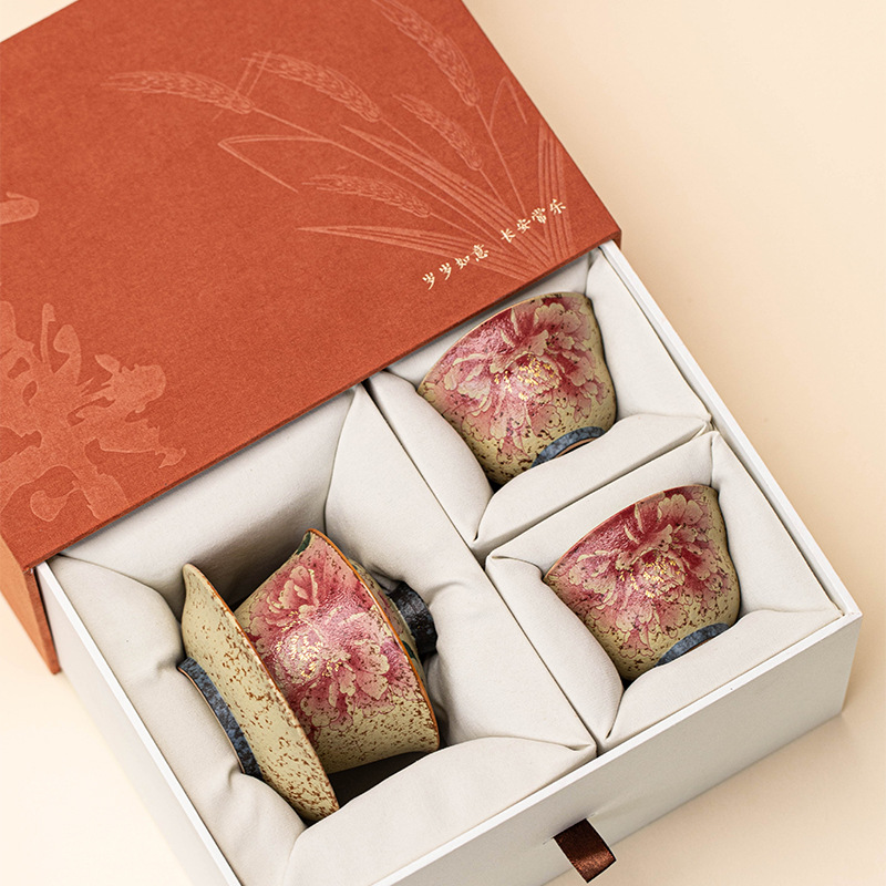 Bộ bát và hai tách màu đỏ lửa xanh trắng, bộ trà kung fu bằng gốm sứ nung trong lò kiểu Trung Quốc, thiết bị pha trà tại nhà đơn giản.