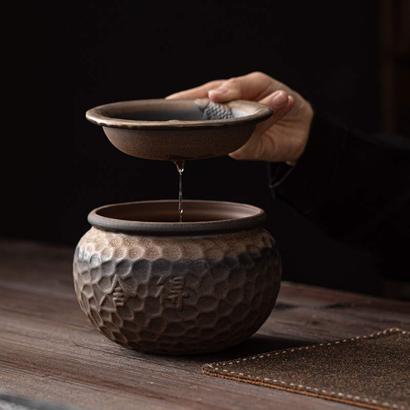 Cốc rửa trà Jianshui tráng men mạ vàng nung cổ xưa, thùng đựng bã trà lớn, phụ kiện bộ trà gốm thô cổ điển, thùng trà