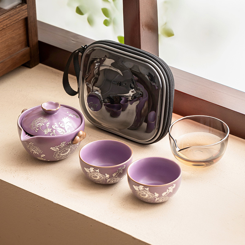 Bộ ấm chén du lịch hoa mẫu đơn bạc, bộ nhỏ, Kung Fu, di động, cốc nhanh, ấm trà cao cấp, một ấm hai chén