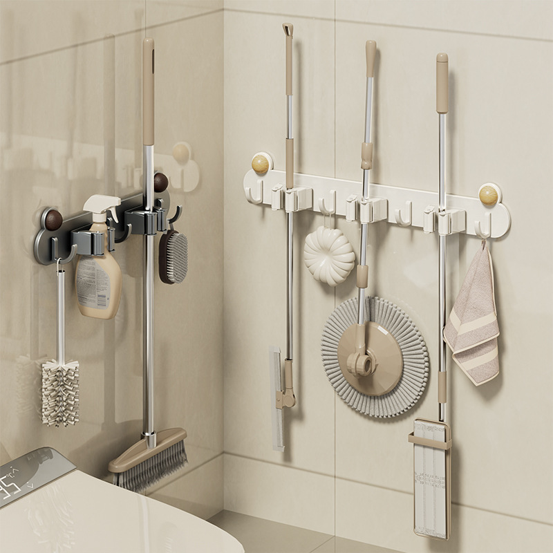 Móc kẹp cây lau nhà kiểu kem phòng tắm không đục lỗ dụng cụ bảo quản nhà vệ sinh cây lau nhà giá cố định chổi treo tường