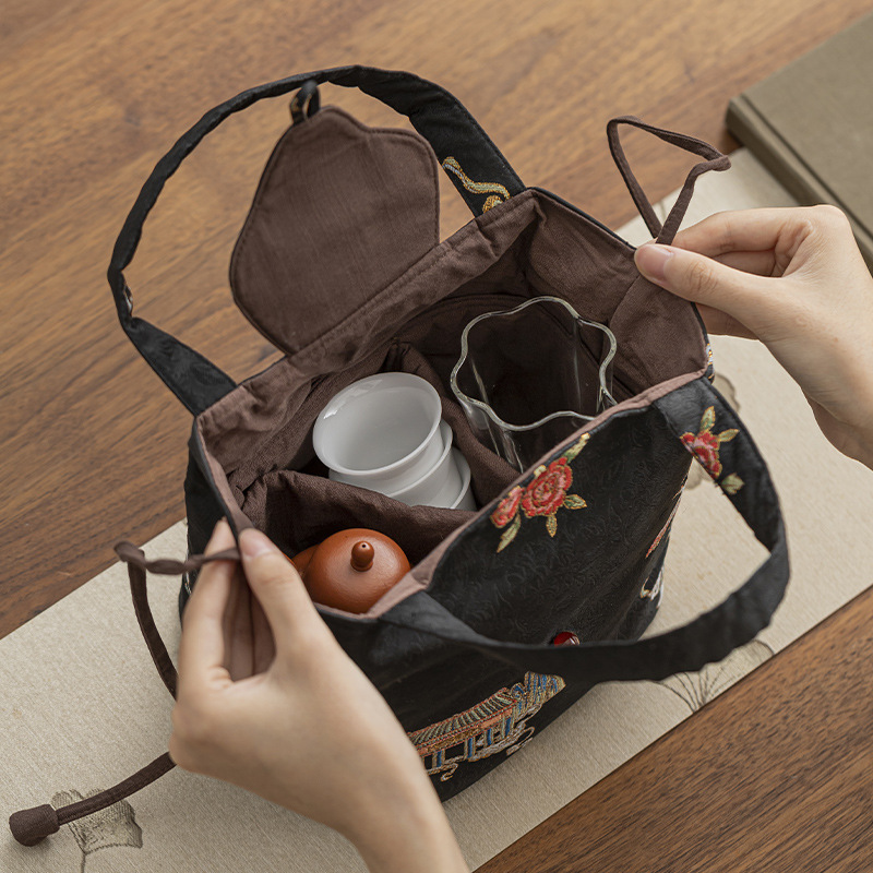 Phong cách Trung Quốc dày cotton Xiangyun lụa Ruyi túi trà satchel du lịch di động bộ trà túi mỹ phẩm có ngăn túi vải