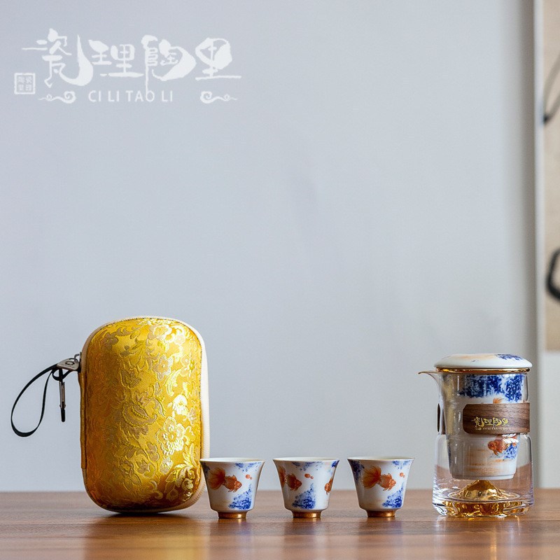 Bộ trà gốm sứ đồ sứ, bộ trà Kung Fu kiểu Trung Quốc, cốc khách nhanh gia dụng, một ấm ba cốc, túi đựng đồ xách tay du lịch