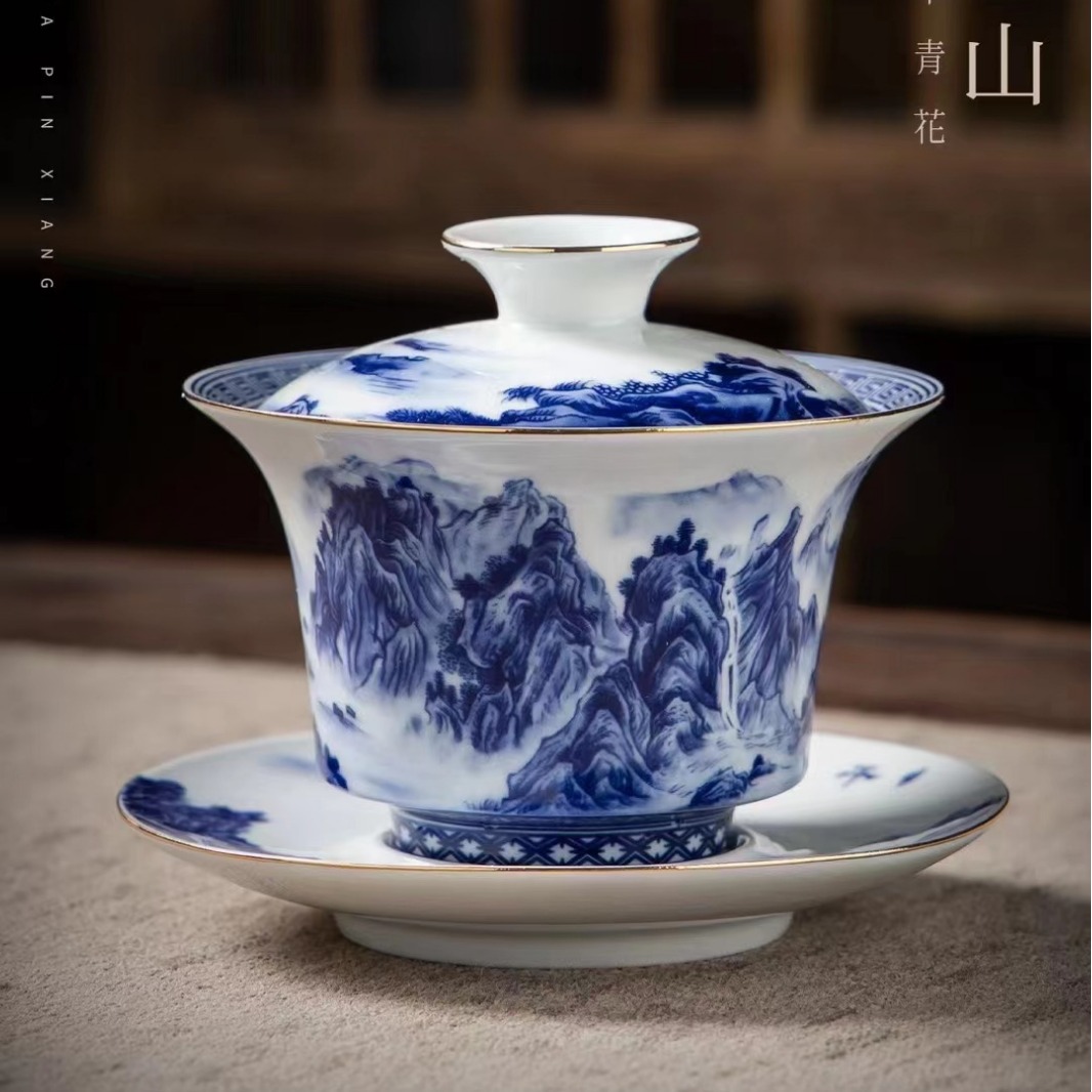 Bộ ấm trà Kung Fu màu xanh và trắng Jingdezhen, ấm trà có nắp gia dụng cổ, tách trà văn phòng, hộp quà