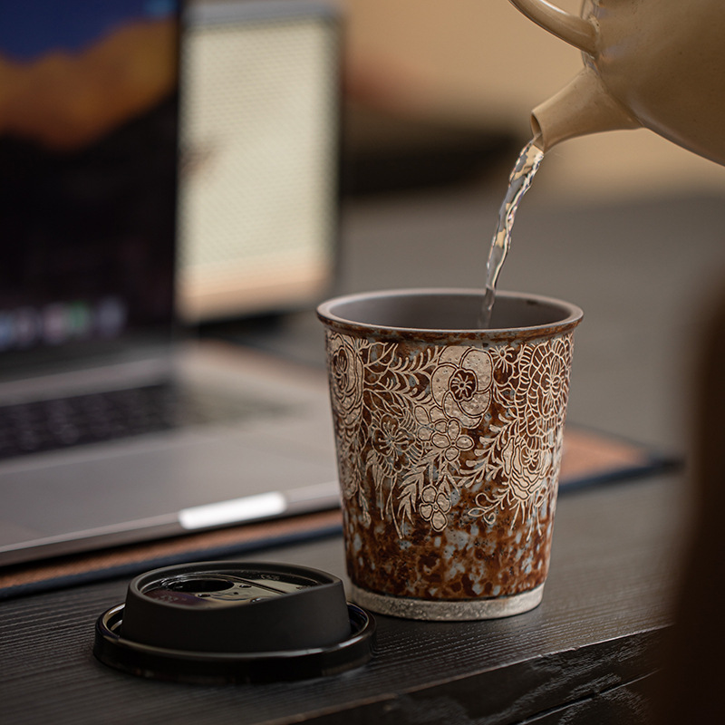 Cốc cà phê mạ bạc hoa bùn đá cũ cốc nước gốm thô cỡ lớn văn phòng gia dụng cổ điển cốc tiện dụng cốc Coca