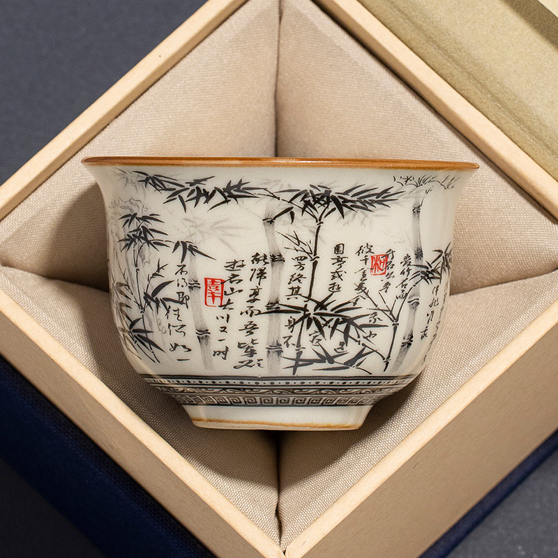 Bộ tách trà chân tròn bằng tre mực Ru Kiln cốc gia chủ cốc gốm sứ có thể nâng cốc cá nhân cốc uống trà kiểu Trung Quốc