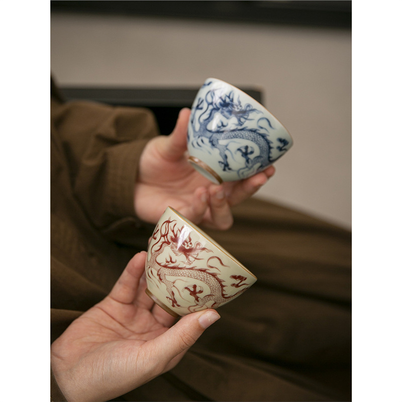 Cốc trà cổ hình rồng xanh trắng cốc chủ nhân cốc trà Phổ Nhĩ gốm sứ gia dụng dụng dụng cụ trà Kung Fu tách trà cao cấp chuyên dụng cá nhân