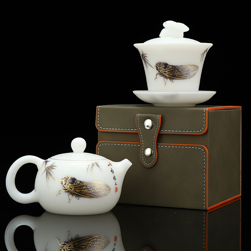 Bộ ấm trà có nắp ấm bằng sứ ngọc bích cao cấp Bộ trà chay bằng sứ ngọc bích làm bằng tay của bậc thầy Guo Zhibao