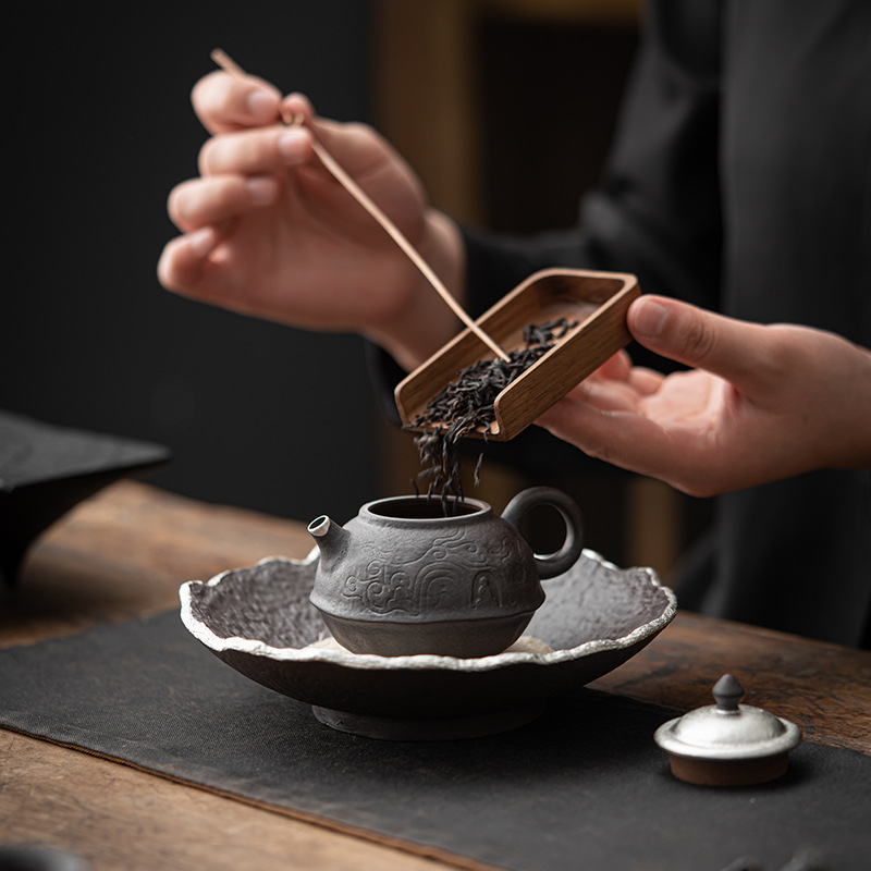Kongjizhai Old Rock Mud Đôn Hoàng Ấm trà mạ bạc thủ công bằng gốm thô Bộ trà Nhật Bản gia dụng có thể pha trà