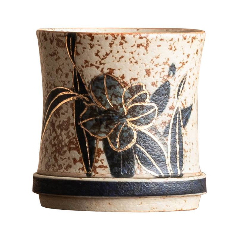 Cốc trà gốm sứ lớn cao cấp cốc chủ nhân màu xanh và trắng đá lửa đỏ vẽ tay hoa huệ quay cốc uống trà cốc trà