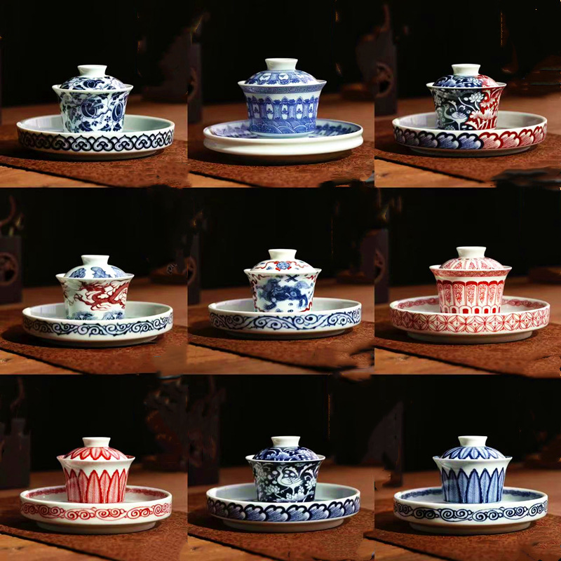 Đồ sứ trắng xanh men hai màu một dulu Lianke Sancai Bát trà Cốc gốm gia dụng Bàn pha trà Bàn pha trà Bàn bán buôn