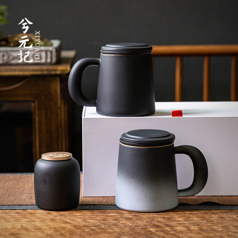 Cốc trà gốm đen Cốc văn phòng tách nước trà gốm sứ gia dụng có nắp lọc Cốc pha trà cá nhân nam nữ