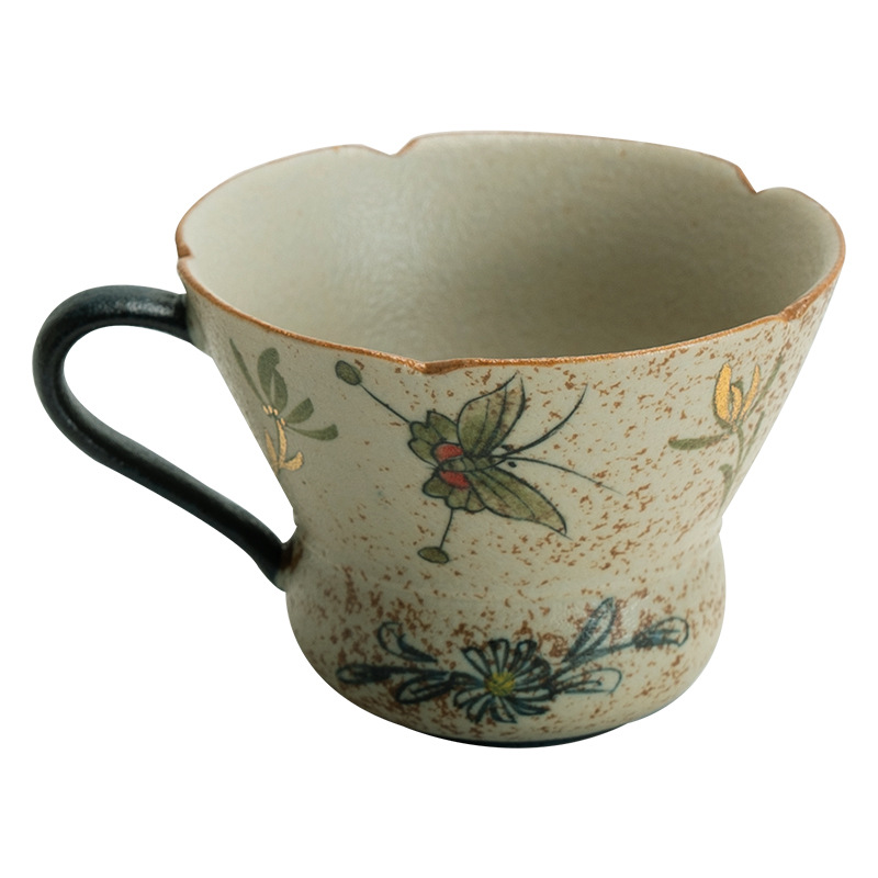 Cốc gốm sứ đỏ đá lửa trắng xanh chạm khắc vàng tinh khiết vẽ tay hoa lan bướm phong cách retro cốc trà chủ nhân cốc phong cách Trung Quốc