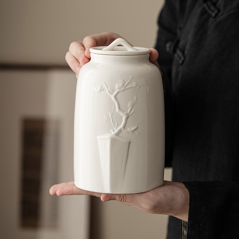 Bình trà hoa mận sứ trắng Dehua, bình kín, Bình Đựng Trà chống ẩm gia dụng, bình trà gốm sứ cao cấp cỡ lớn, bình rỗng