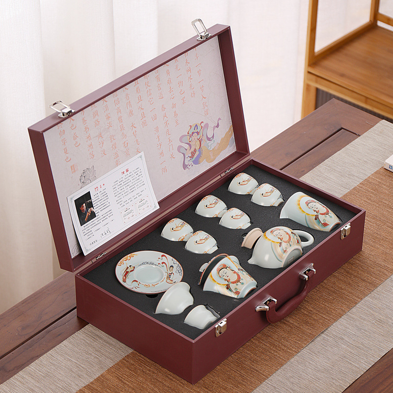 Bộ ấm trà Kung Fu treo cổ Ru Kiln Đôn Hoàng, ấm trà văn phòng gia dụng bằng gốm sứ sang trọng nhẹ, bát có nắp, quà tặng