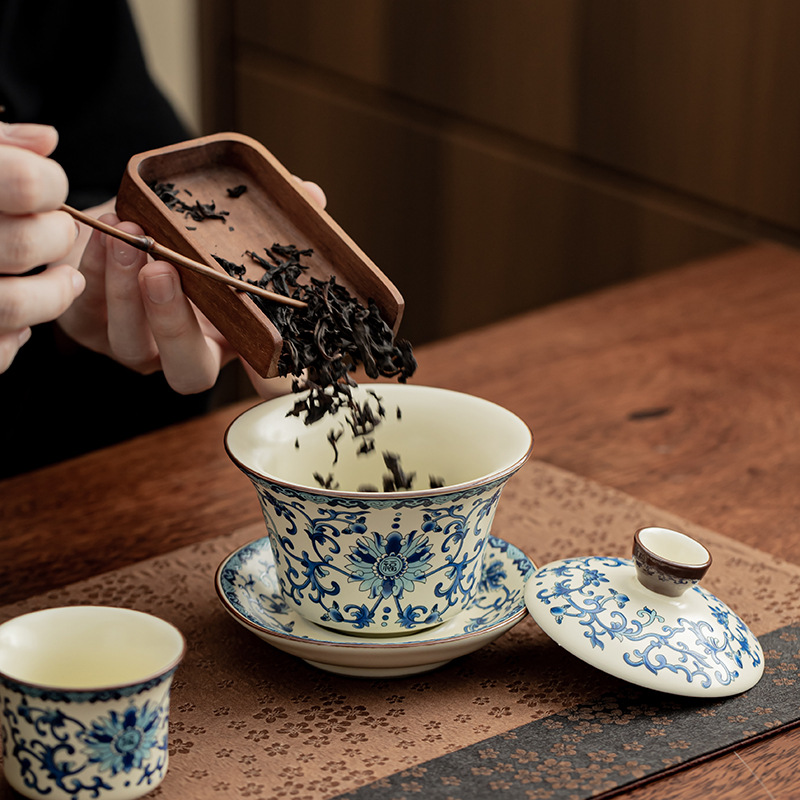 Bộ ấm trà Youfu màu xanh và trắng Ru Kiln Bộ ấm trà Trung Quốc gia dụng Bộ ấm trà có thể nâng cốc trà Bộ ấm trà Kung Fu