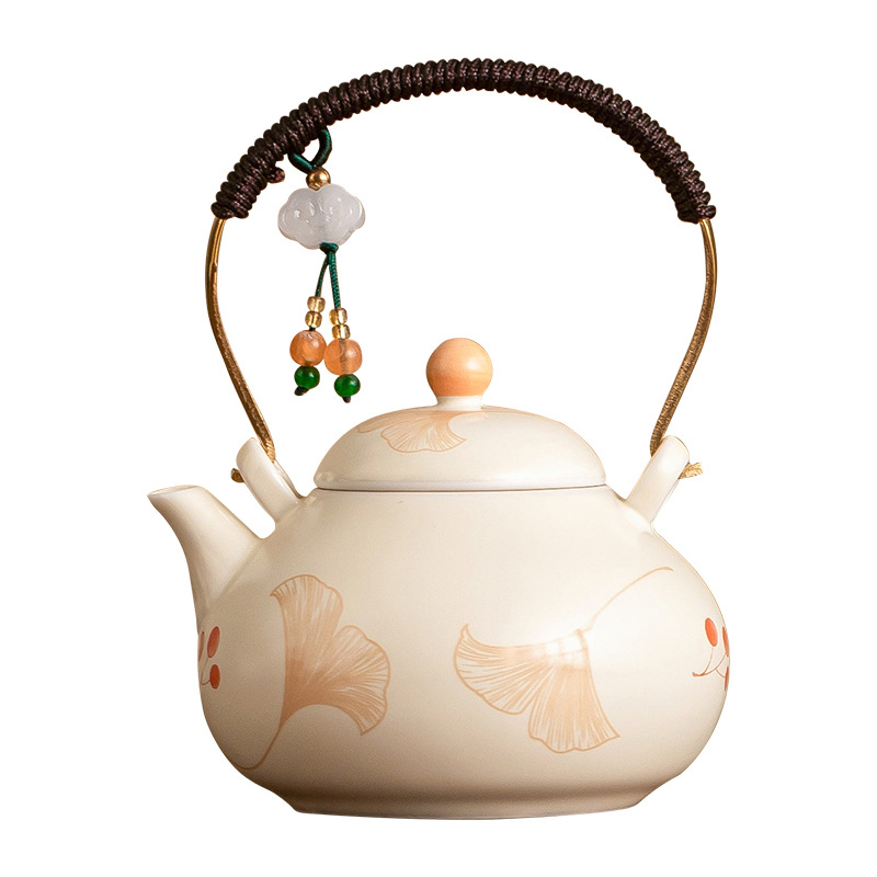 Ấm trà chùm dây buộc bạch quả màu be ấm trà gốm sứ pha trà dụng cụ trà kungfu gia dụng lọc ấm trà đơn ấm trà nhỏ kiểu Trung Quốc