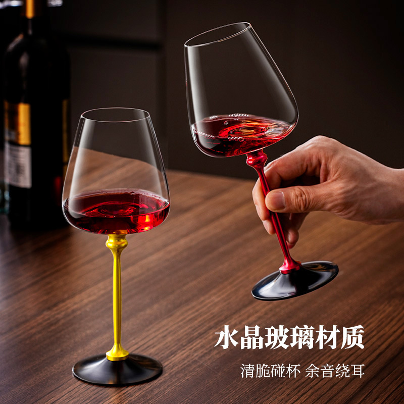 Ly rượu vang đỏ có chân vàng xoay được, ly rượu vang pha lê có chân màu sắc, bộ quà tặng ly rượu vang, có thể in logo.