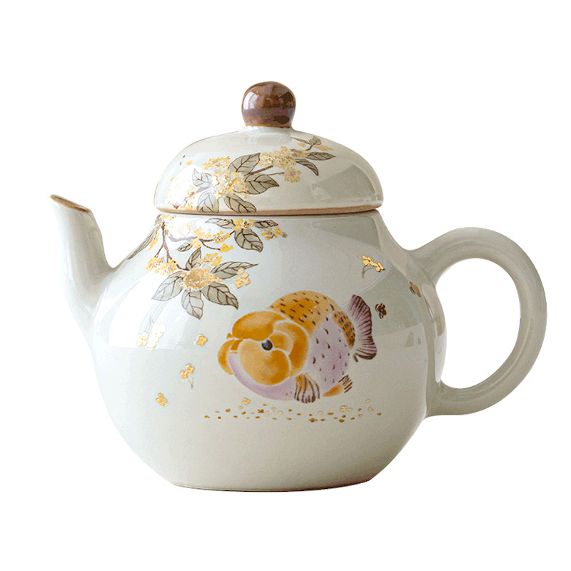 Ấm hình cá osmanthus vàng xám cỏ phong cách Trung Quốc ấm hình ảnh ấm trà gốm sứ gia dụng bộ trà Kung Fu ấm trà Trung Quốc quà tặng