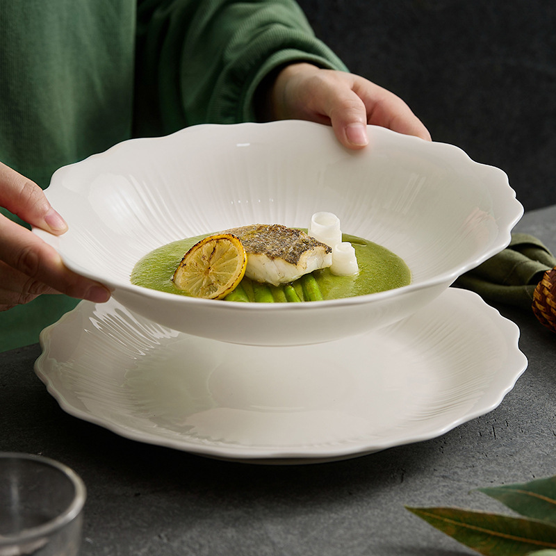 Đĩa sâu sứ trắng Dehua Đĩa cảm giác cao cấp Đĩa món ăn Đĩa bít tết gia dụng Đĩa phẳng Đĩa súp đặc trưng sáng tạo Đĩa mì Đĩa ăn tối