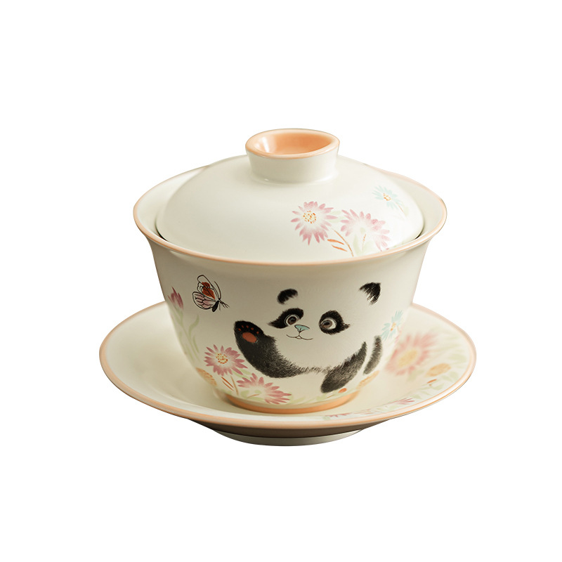 Màu vàng gạo Dingyao gấu trúc chơi bướm bát có nắp Chuyuan gốm sứ chống bỏng lớn bát trà tam tài cốc trà dụng cụ trà Kung Fu gia dụng