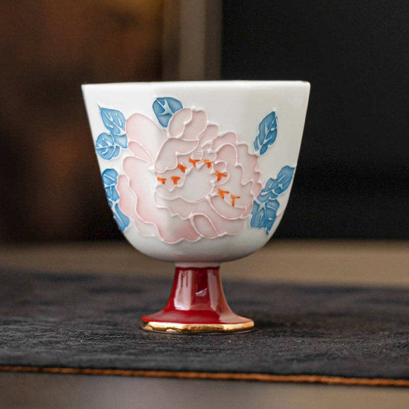 Vẽ tay hoa mẫu đơn vàng cao cốc gốm khắc trà bộ trà tinh tế cá nhân chủ cốc trà cốc đơn