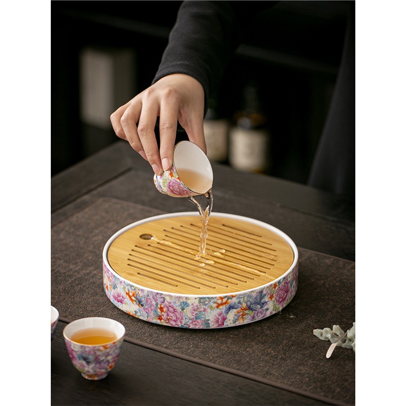 Khay trà gốm tròn tráng men vạn hoa, bàn trà cổ kiểu Đài Trung, khay trà tròn lớn, bán buôn