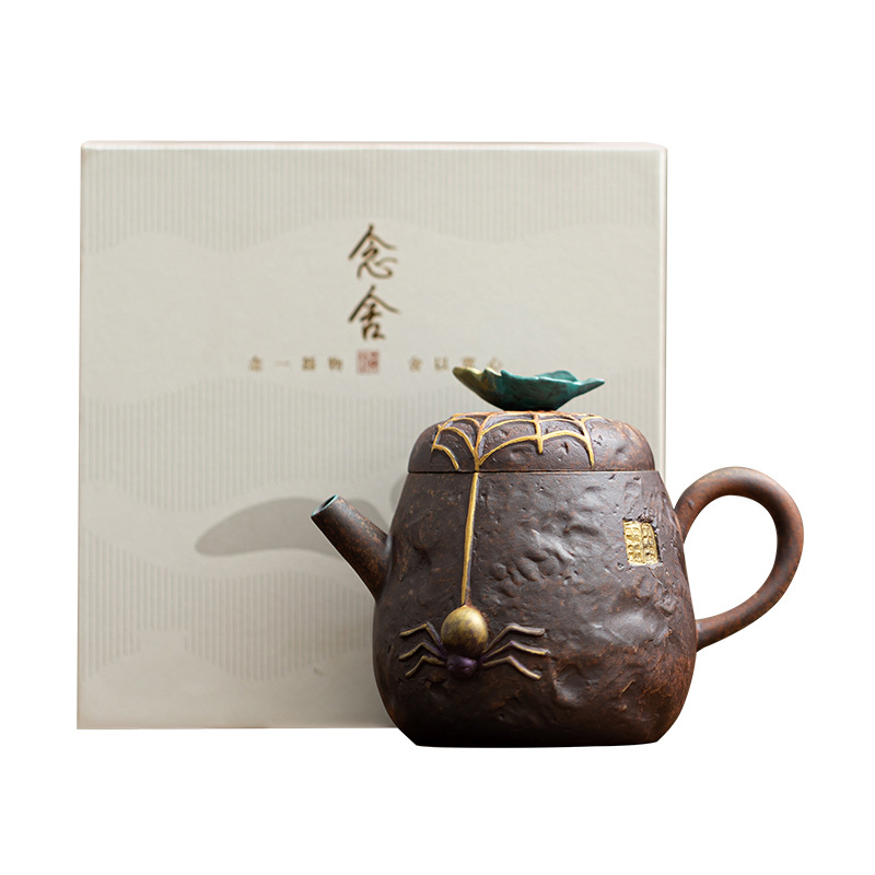 Ấm trà nhện bùn đá cổ dụng cụ pha trà kungfu cổ điển văn phòng gia dụng ấm trà gốm sứ ấm đơn hộp quà