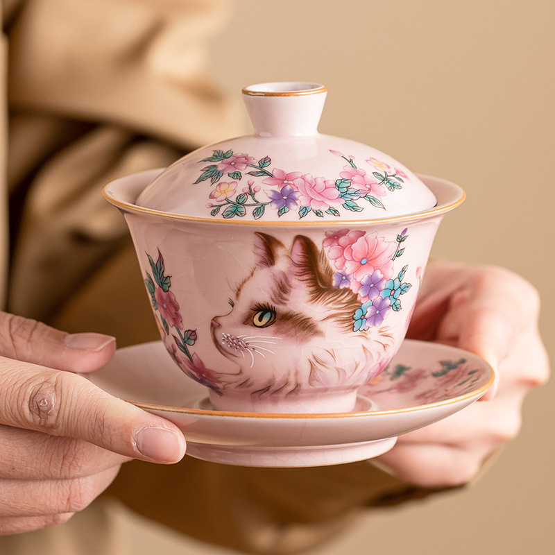 Cốc trà nắp mèo hoa Ruyao, cốc trà, gốm sứ mở, bát trà ba tài có nắp, bộ trà đặc biệt dành cho nữ, giá trị cao