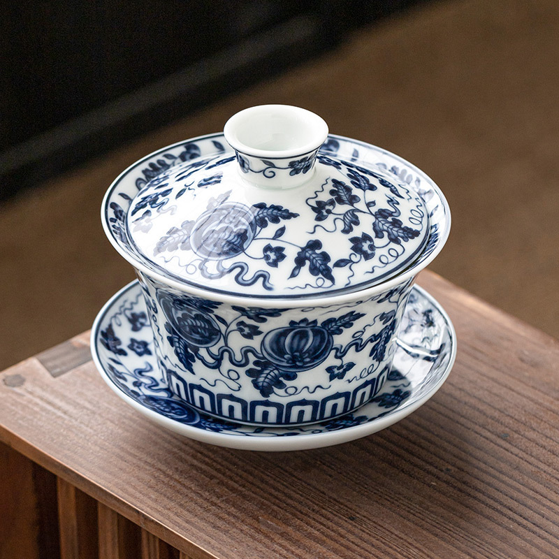 Bát có nắp gốm trắng xanh Bộ trà Kung Fu màu xanh lá cây bóng lớn đơn bát pha trà cổ điển cốc trà tôn trọng bát ba tài chống bỏng